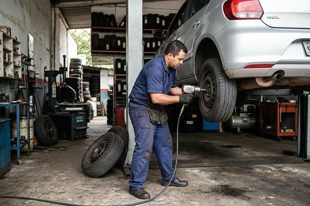 Profissional realizando rodízio de pneus em Poços de Caldas.