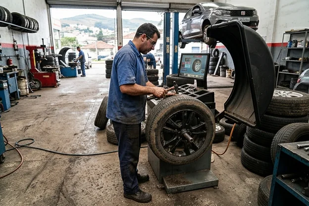 Técnico avaliando o balanceamento de rodas em Poços de Caldas.