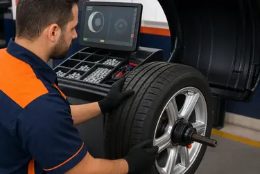Técnico realizando balanceamento de rodas em Poços de Caldas.
