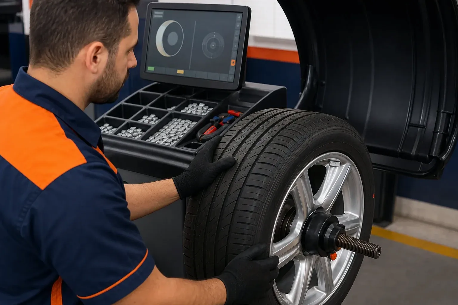 Técnico realizando balanceamento de rodas em Poços de Caldas.